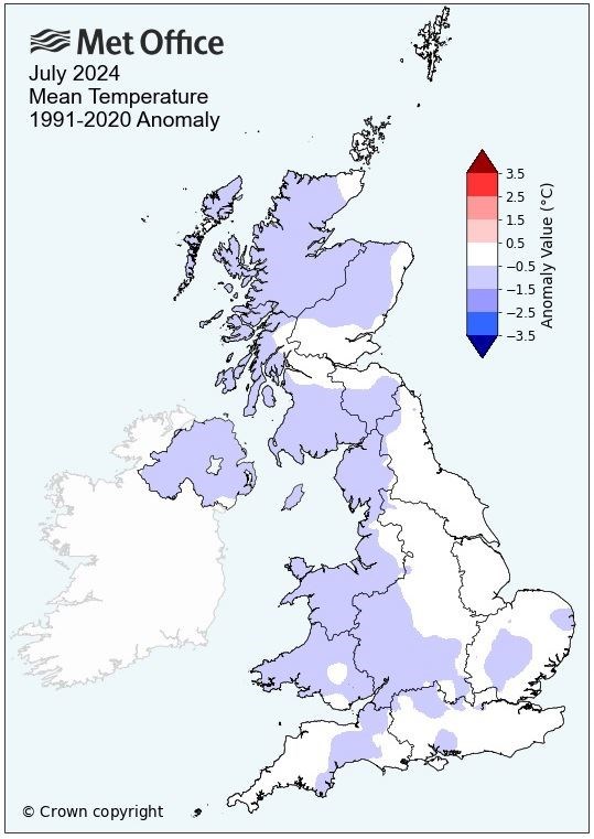 The distribution of temperatures during the month of July. Picture: Met Office.
