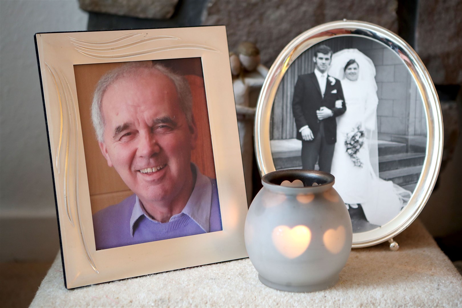 A wedding photograph of Amanda and Frank Kopel on their wedding day and a portrait of the late Frank Kopel, taken in 2012 (Jane Barlow/PA Wire)