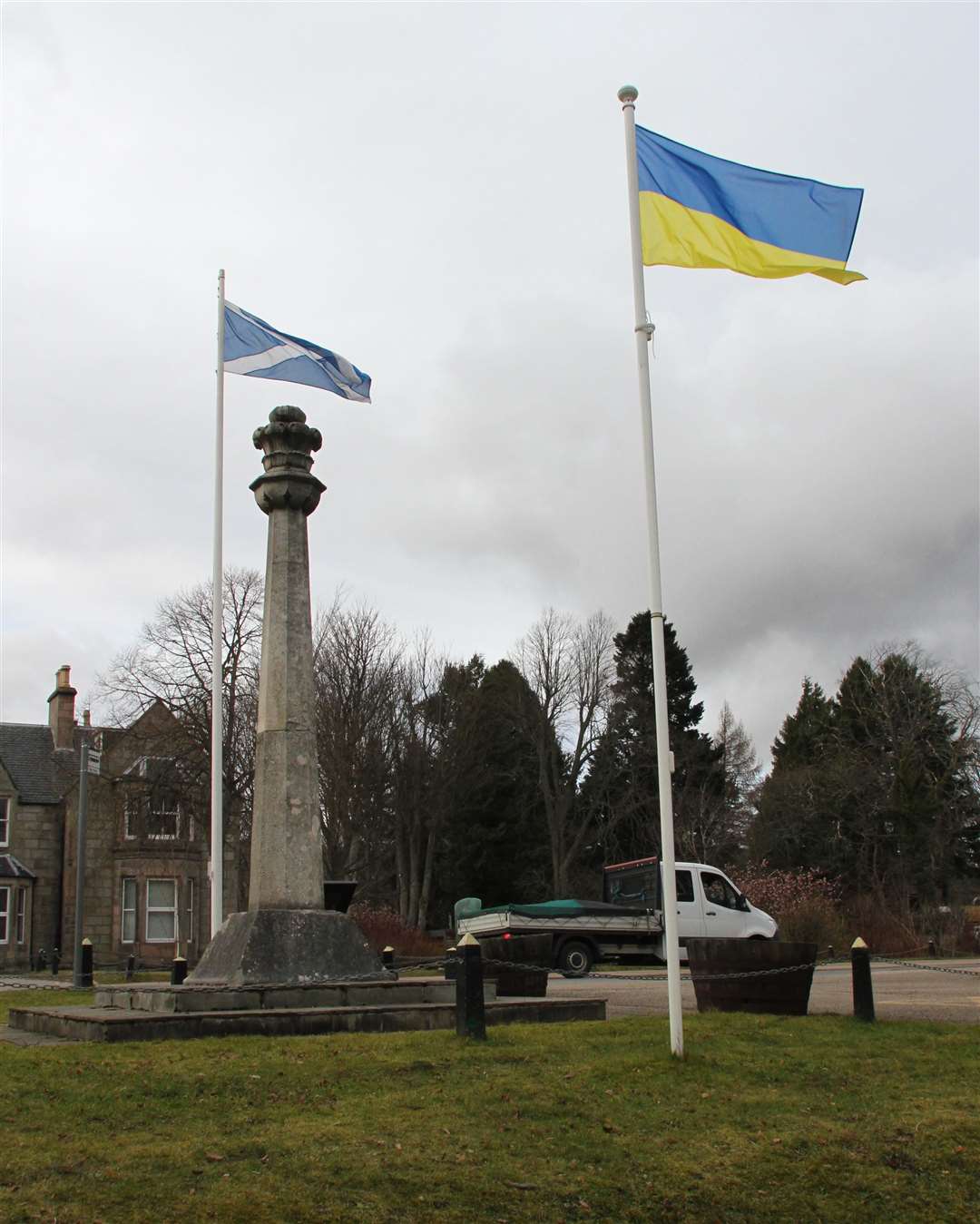 Standing Square: Grantown is flying the saltire alongside the Ukrainian flag in the Square