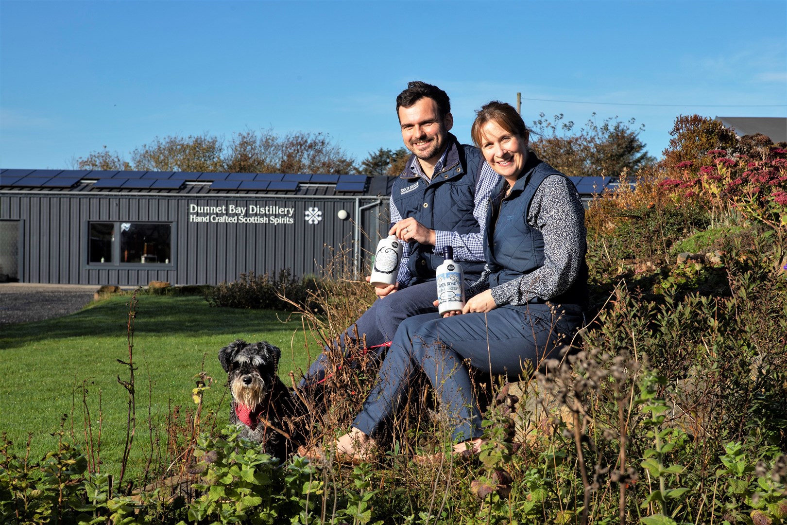 Claire and Martin Murray with Mr Mackintosh the dog at Dunnet Bay Distillery.