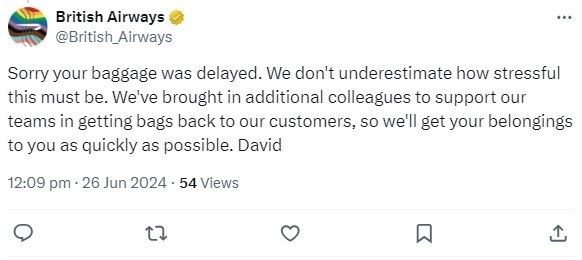 One of British Airways' tweets to disgruntled passengers following the disruption.