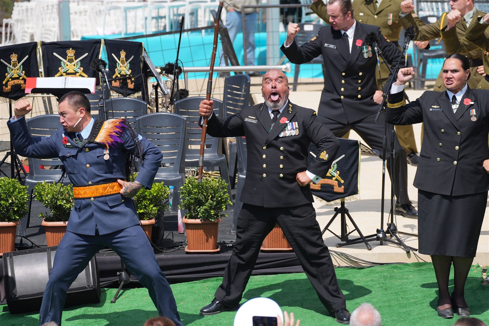 A haka is performed during the New Zealand Memorial service attended by the Princess Royal, at Chunuk Bair Cemetery on the Gallipoli Peninsula in front of Princess Anne. (Yui Mok/PA)