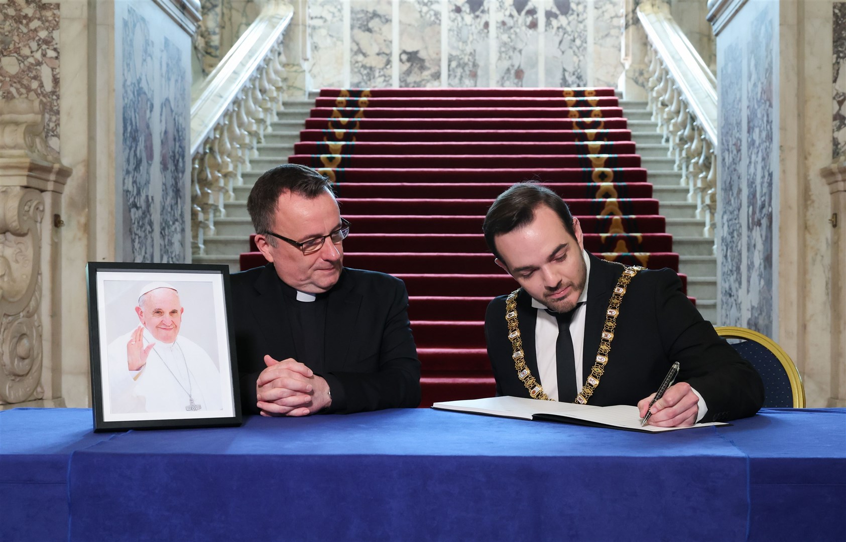 Belfast Lord Mayor Micky Murray passed on sympathies to all those mourning the death of Pope Francis (Belfast City Council/PA)