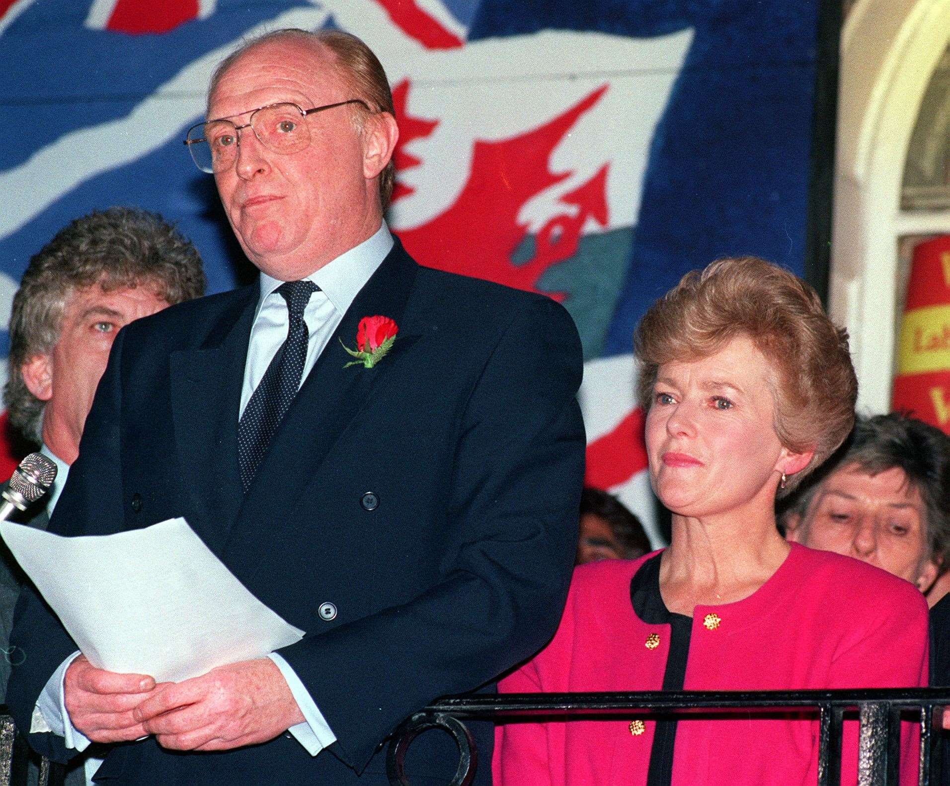 Then Labour leader Neil Kinnock, with his wife Glenys (right), makes his concession speech outside the Labour Party HQ in Walworth Road following their defeat in the 1992 general election (Fiona Hanson/PA)