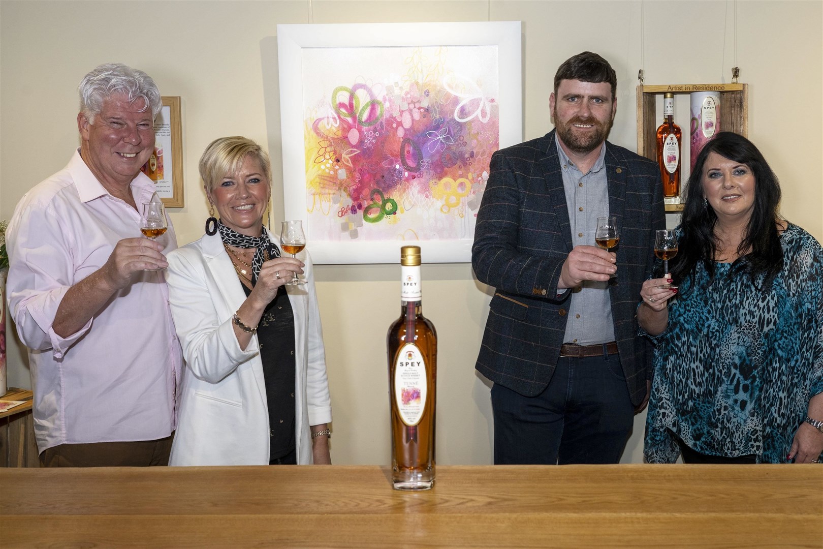 Speyside’s Artist Trio was launched with an exhibition and tasting in Aviemore. From left: CEO John McDonough, artist-in-residence Joanna McDonough, distillery manager Allan Findlay and managing director Patricia Dillon.