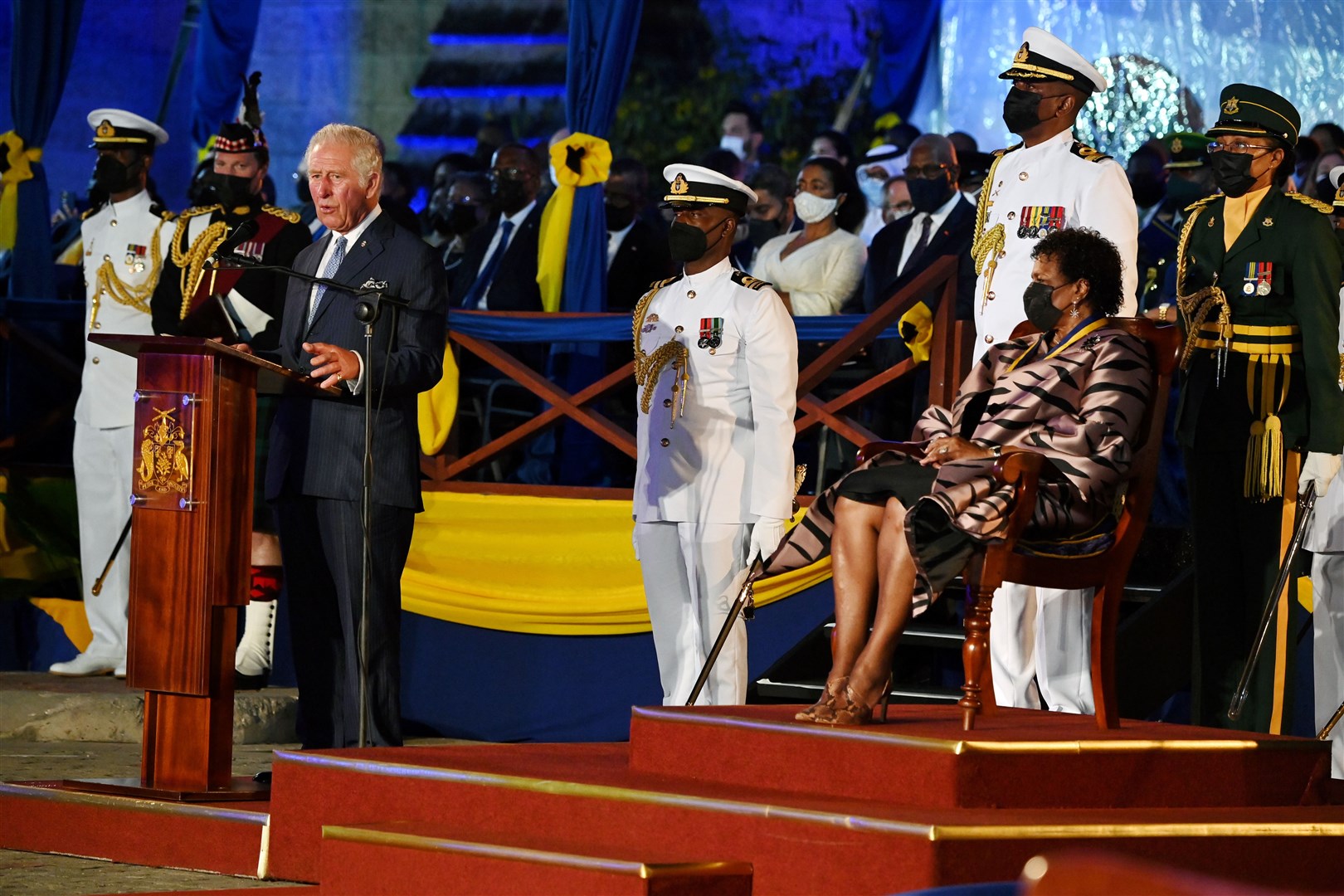 The Prince of Wales speaks as President of Barbados, Dame Sandra Mason looks on during the Presidential Inauguration Ceremony (Jeff J Mitchell/PA)