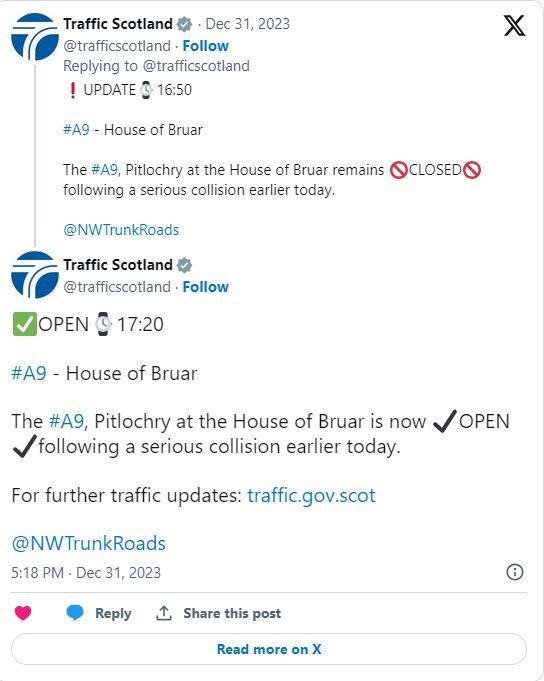 The A9 has now reopened after this morning's accident on the A9 by Blair Atholl.