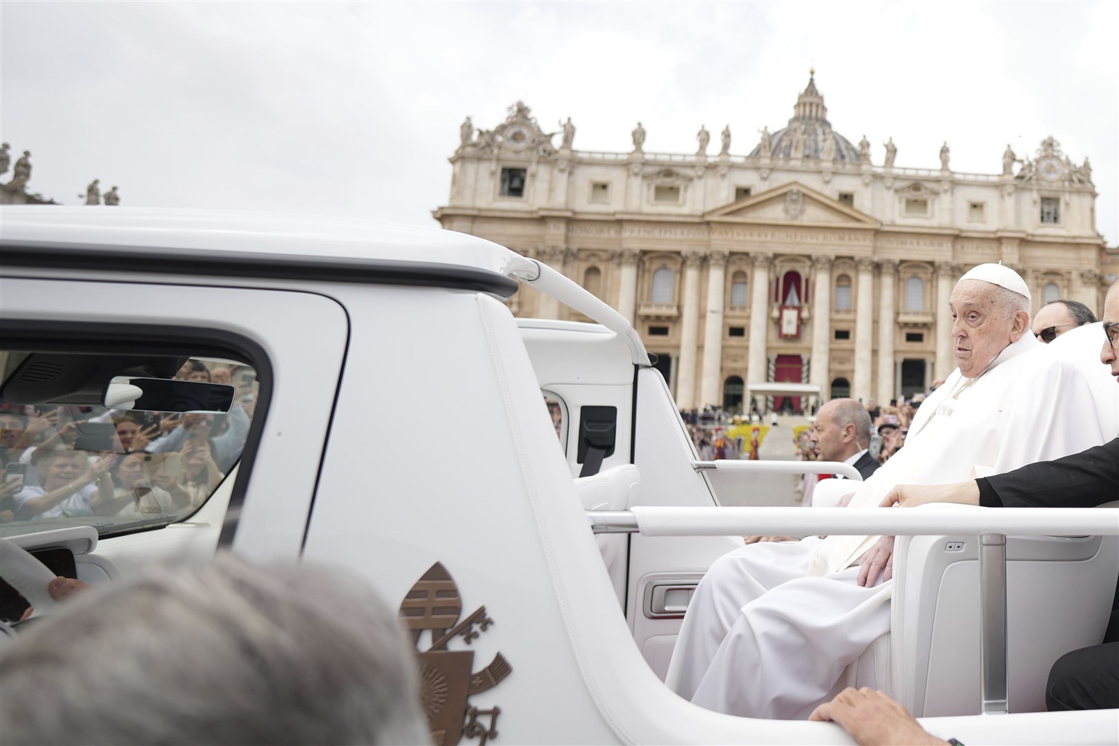 Pope Francis tours St Peter’s Square in his popemobile after bestowing the Urbi et Orbi (Latin for to the city and to the world) blessing at the end of the Easter mass in St Peter’s Square at the Vatican on Sunday (Andrew Medichini/AP)