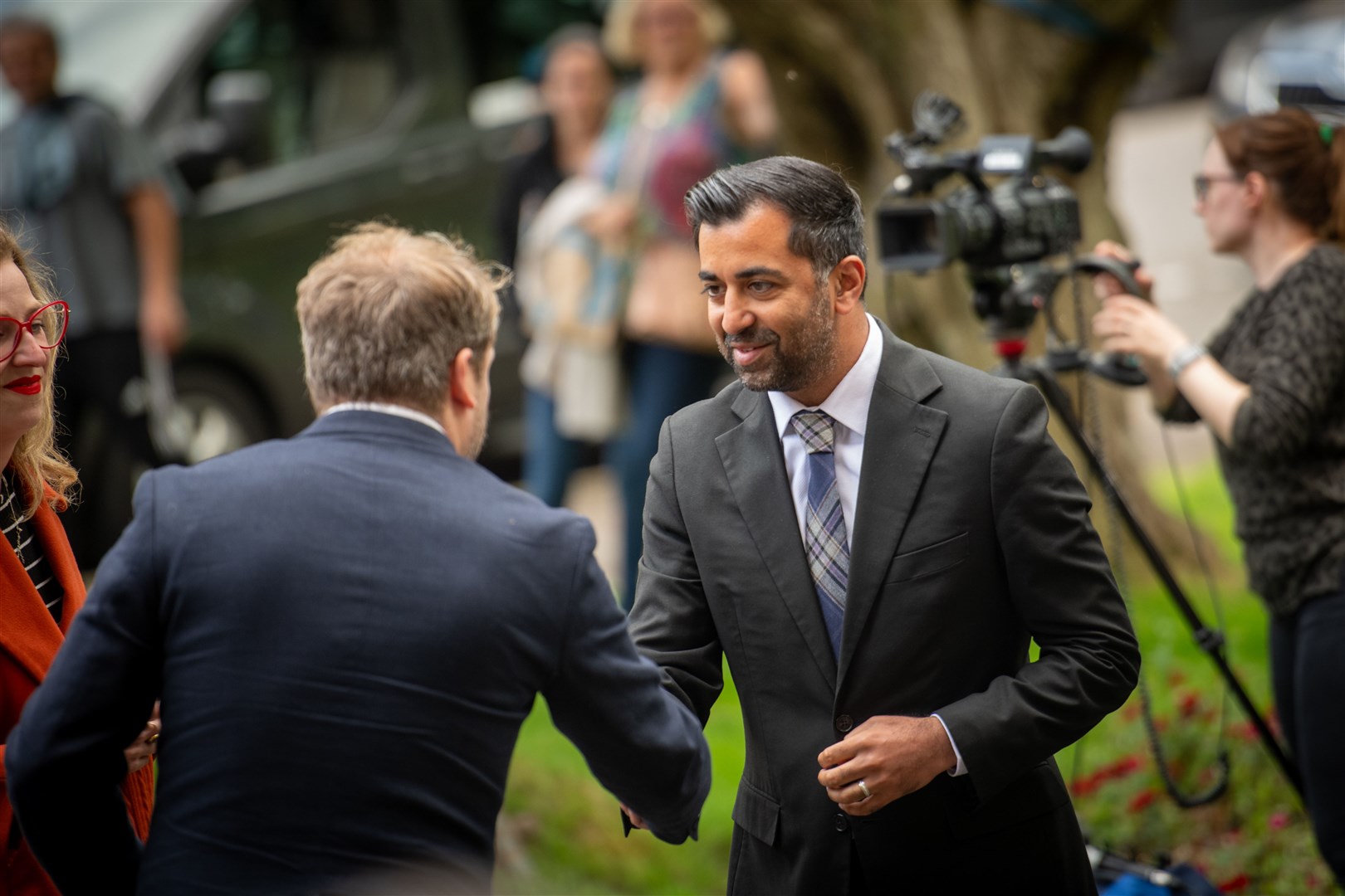 First Minister Humza Yousaf arrives for Winnie Ewing's memorial service. Picture: Callum Mackay.
