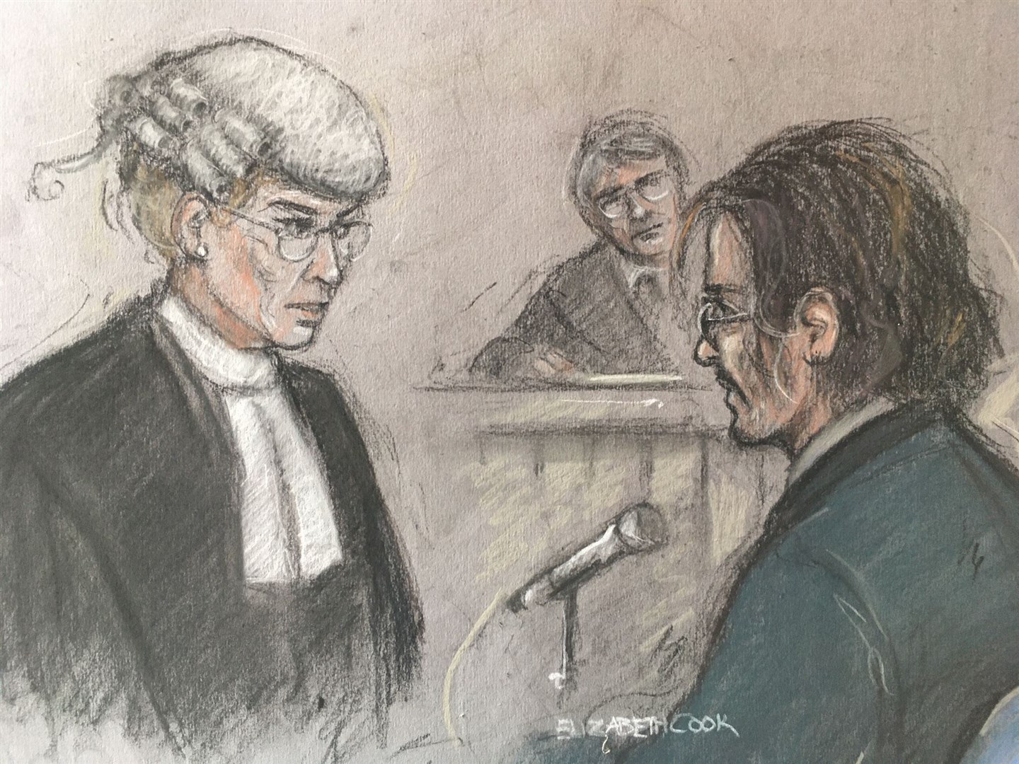 Court artist sketch of Johnny Depp being questioned by Sasha Wass QC at the High Court (Elizabeth Cook/PA)