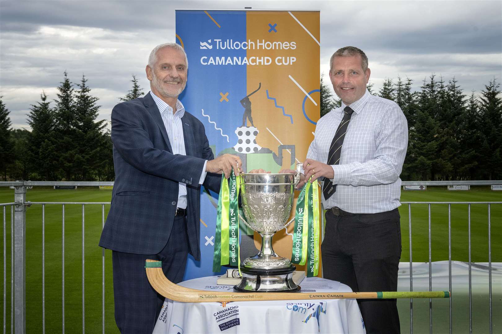Sandy Grant, Tulloch Homes and Steven MacKenzie at Tulloch Homes Camanachd Cup SF Draw. Photo: Neil G Paterson