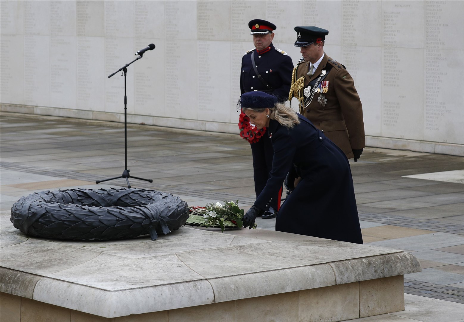 The Earl and Countess of Wessex lay wreaths during a service at the Armed Forces Memorial at the National Memorial Arboretum in Alrewas, Lichfield (Darren Staples/PA)
