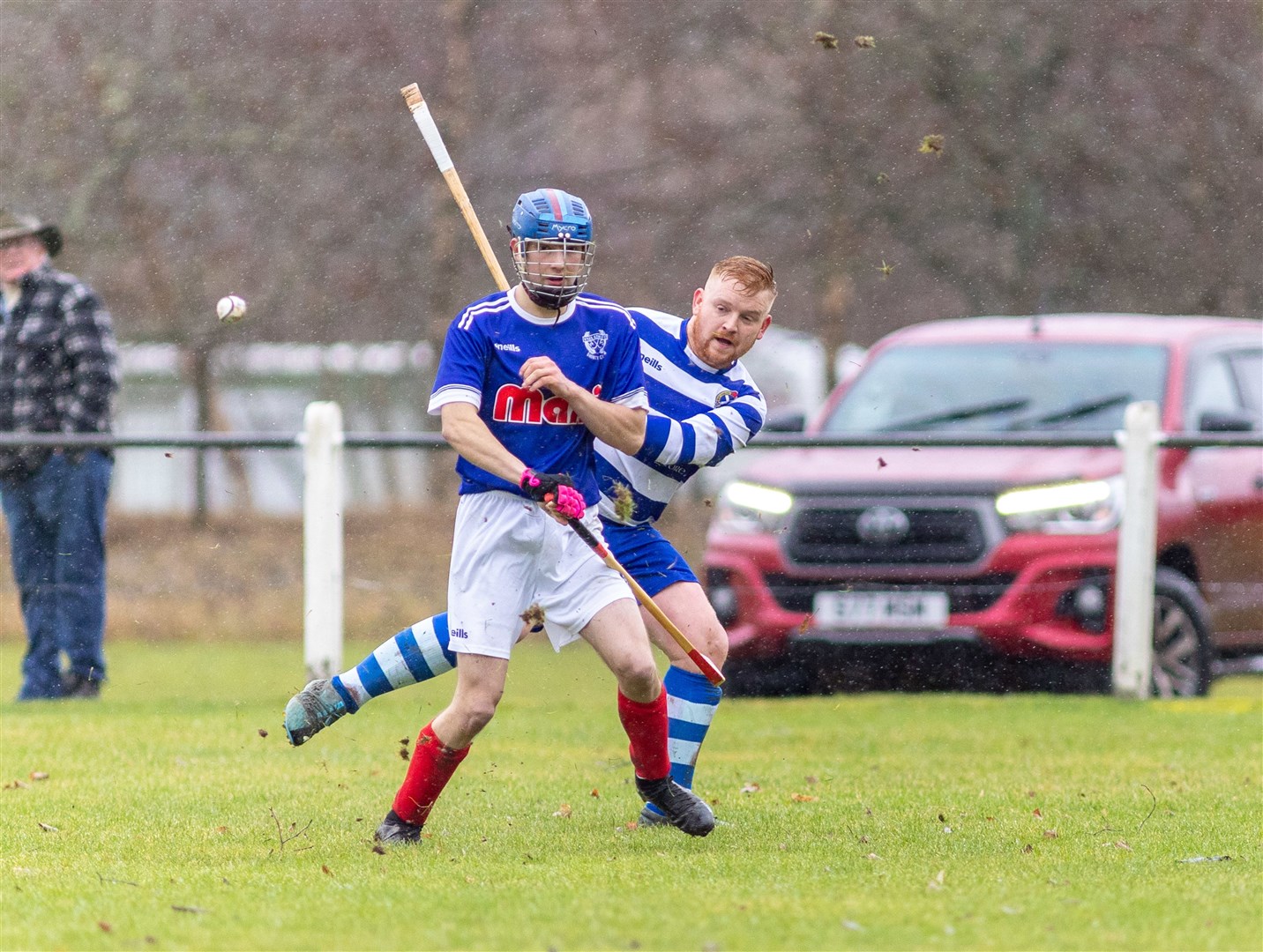 Newtonmore’s Cameron McNiven gets the ball away from Kyle Athletic’s Finan Kennedy as the two Premier League teams stepped up preparations for the new season. Picture: Aidan Woods.