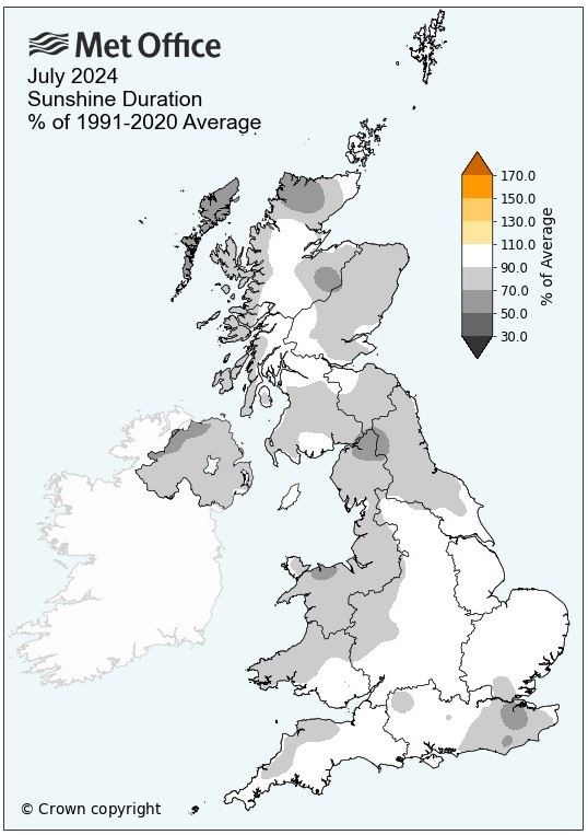 The distribution of sunshine during the month of July. Picture: Met Office.