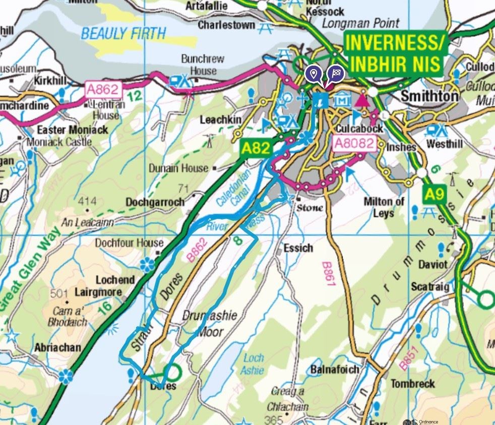 Inverness to Dores MTB loop. ©Crown copyright 2025 Ordnance Survey. Media 017/25.
