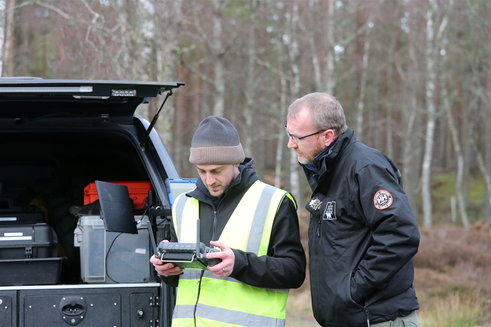 From left: drone operator Ben Harrower and Keith Gilchrist(head of animal collections at the Highland Wildlife Park) who led the search. (Peter Jolly)