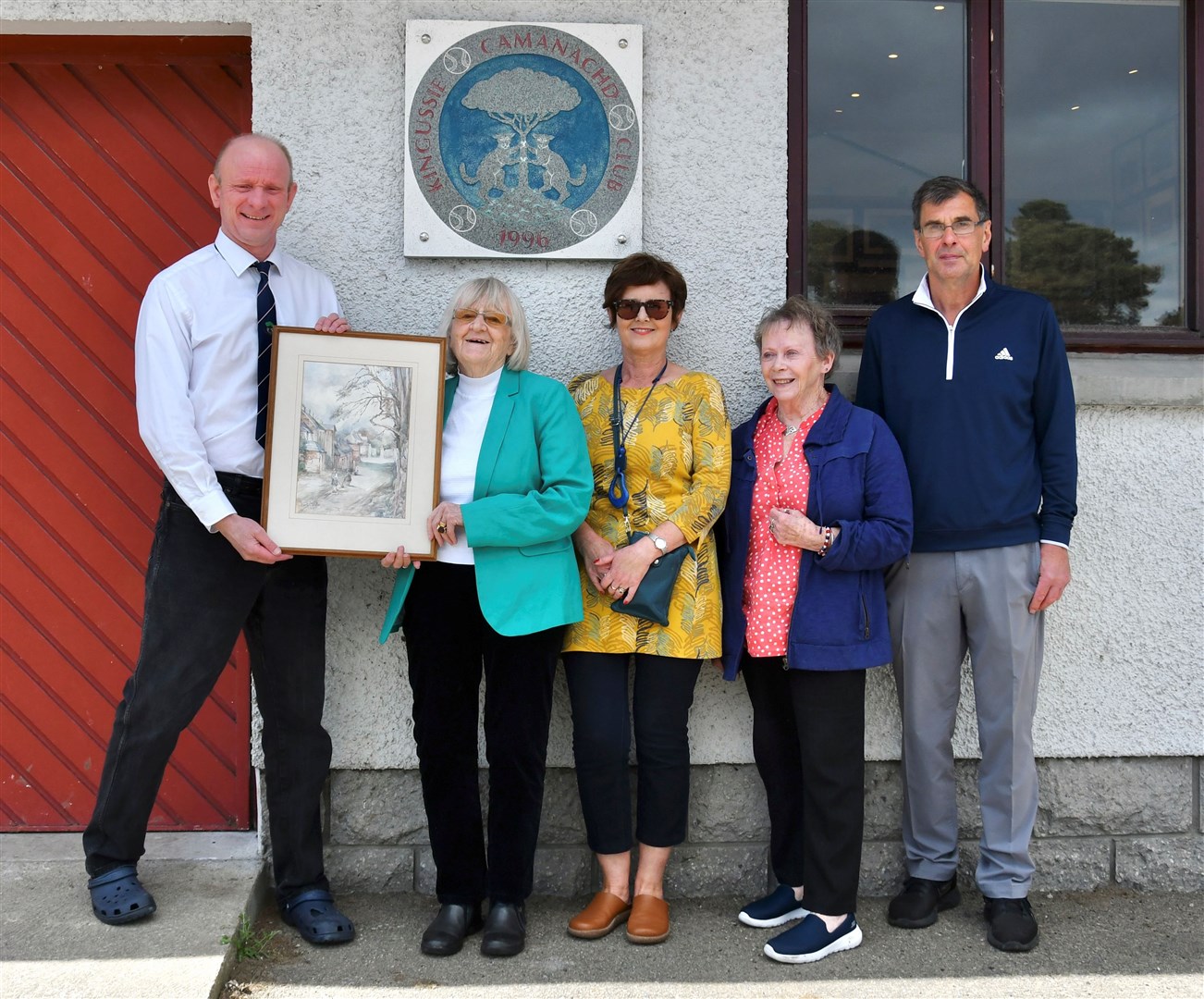 UNIQUE GIFT: John Robertson, Ismay Goodliff, Rita Borthwick, Gilliean Clark and David Borthwick at the hand-over of the shinty painting.