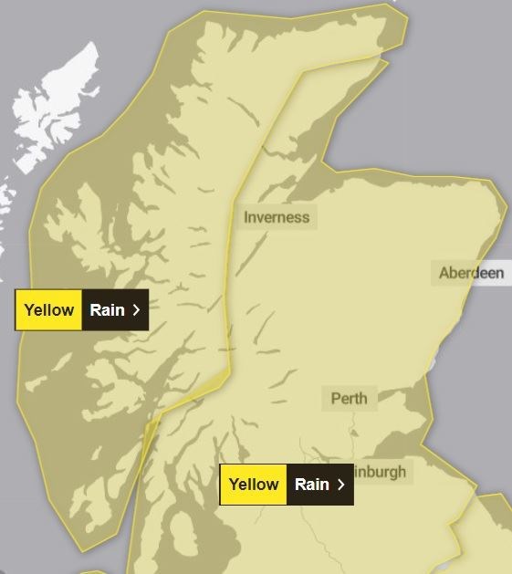 The second yellow warning, affecting northern and western areas, comes into force at 5pm on Wednesday. The other yellow warning came into force at midday and will stay in place until 6pm on Thursday. Picture: Met Office.