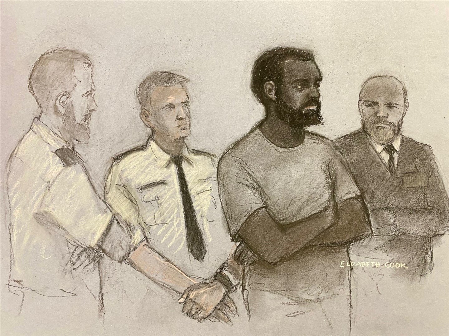 Court artist sketch of Valdo Calocane, second right, during a court appearance in June (Elizabeth Cook/PA)
