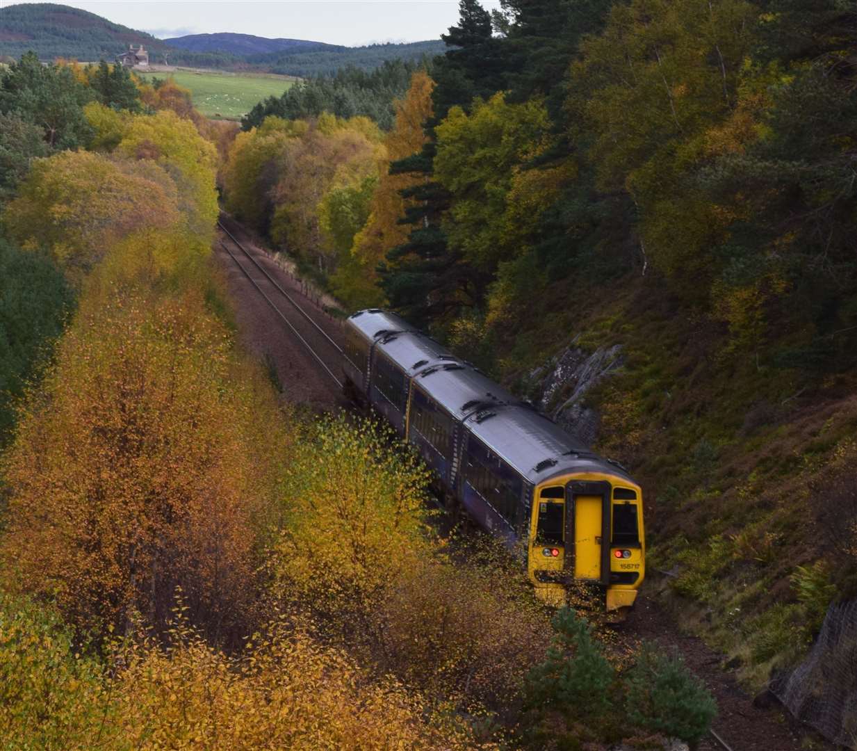 A ScotRail train travelling on the Highland mainline.