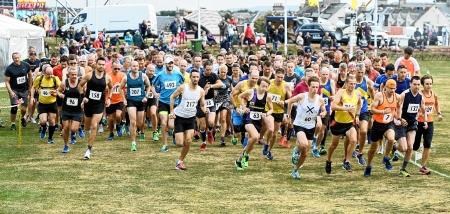James Hoad (number 60) leads from the start at the Nairn Half Marathon on Saturday. Picture: Gair Fraser. Image No. 041895