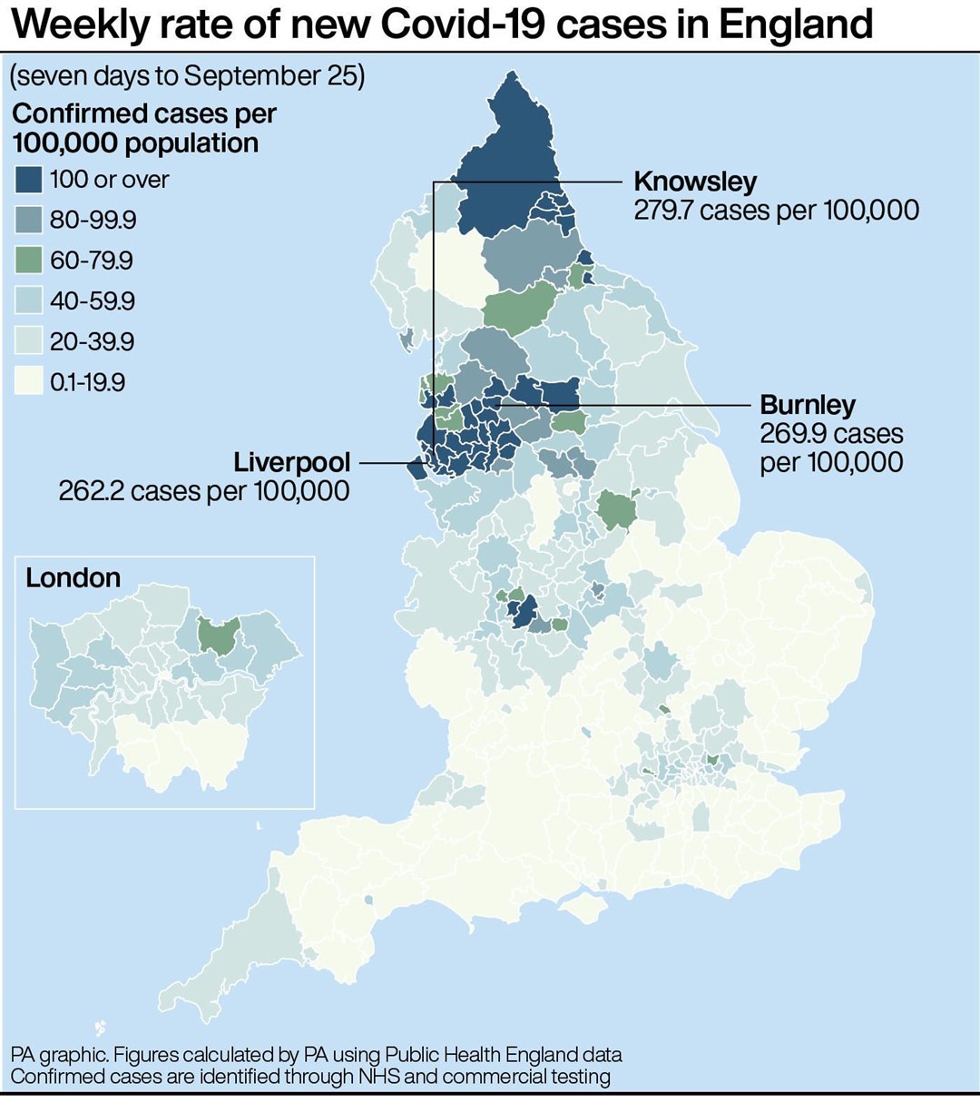 Weekly rate of new Covid-19 cases in England (PA Graphics)
