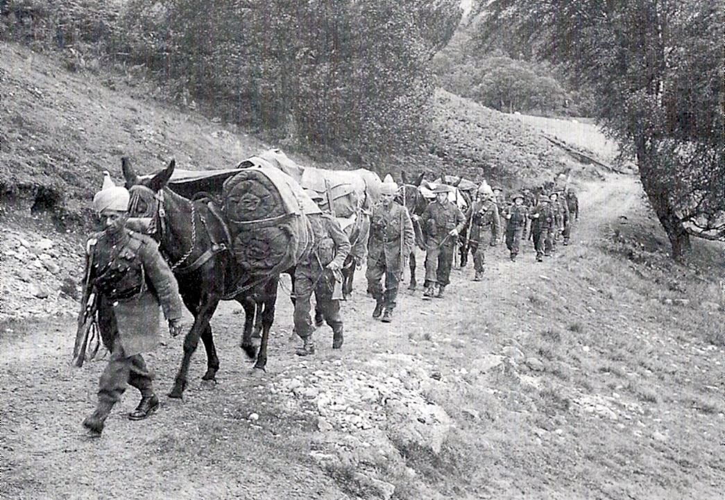 Indian Contingent pack horses train with the Royal Scots in the Cairngorms in 1942