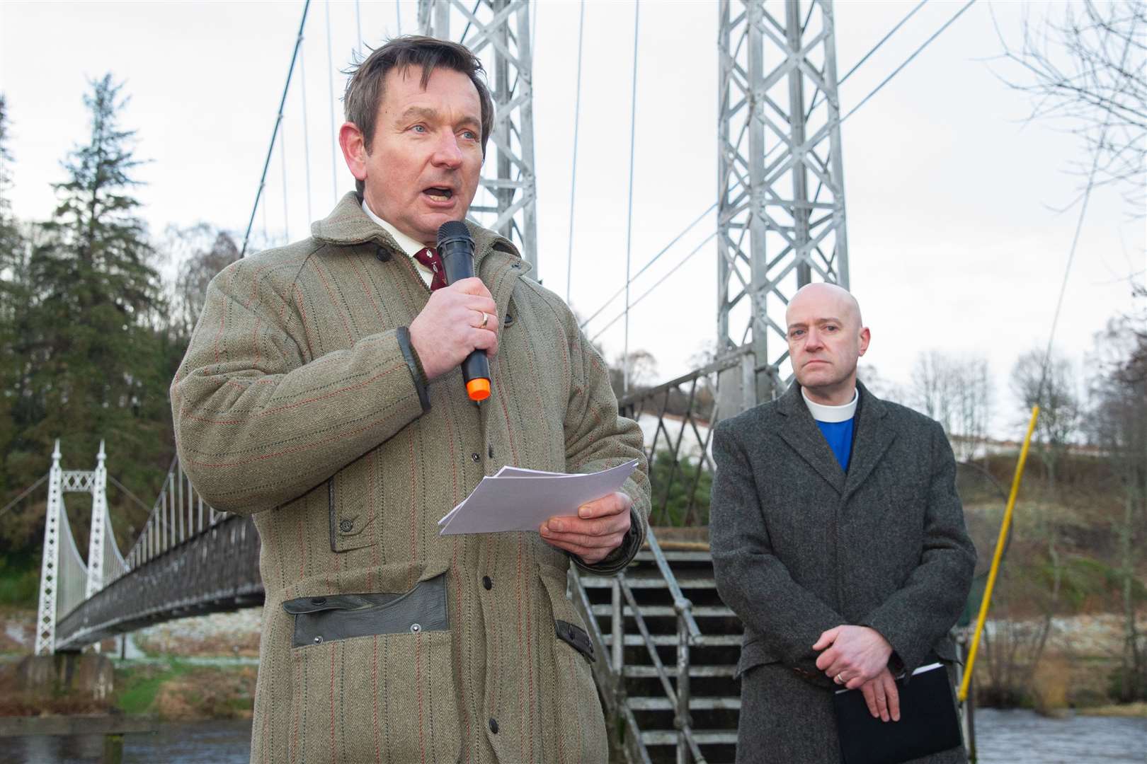 Roger Knight (left) pictured welcoming everyone to the opening of the 2020 salmon season while Rev. Geoffrey McKee (right) performed the blessing of the River Spey. Picture: Daniel Forsyth.