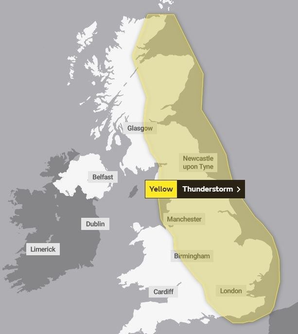 The Met Office weather warning covers swathes of Scotland and England.
