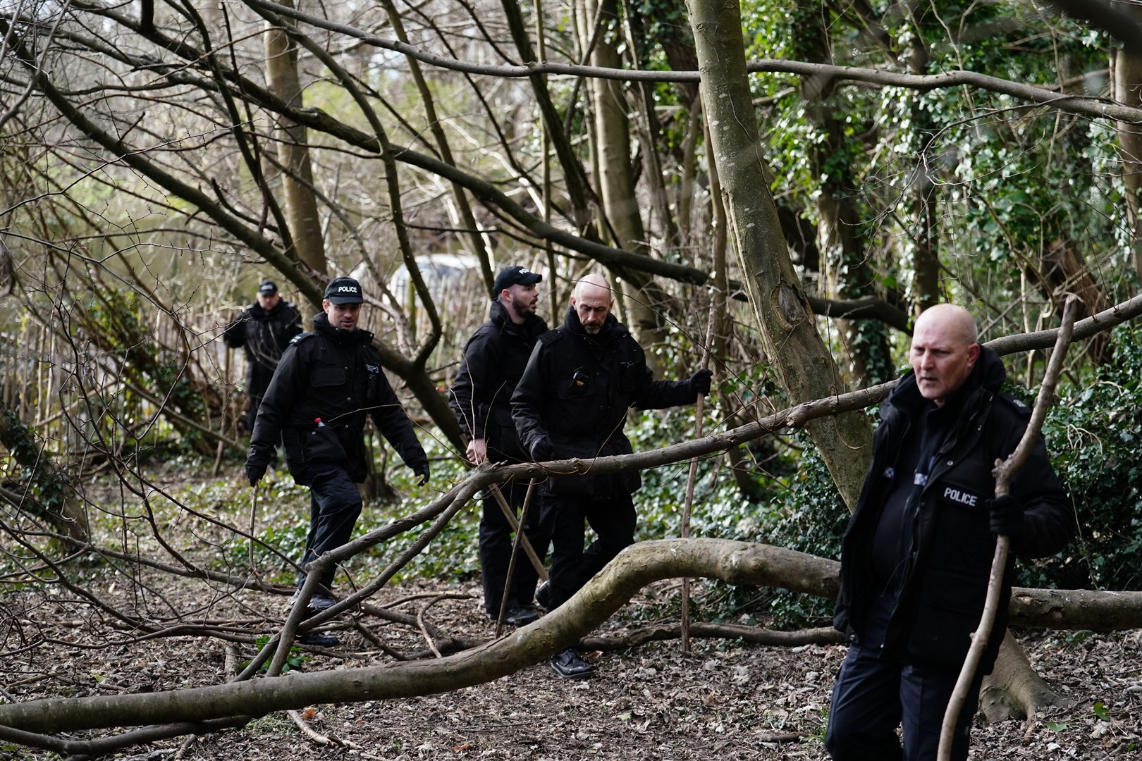 Police search teams scouring an area of woodland next to Golf Drive in Brighton (Jordan Pettitt/PA)