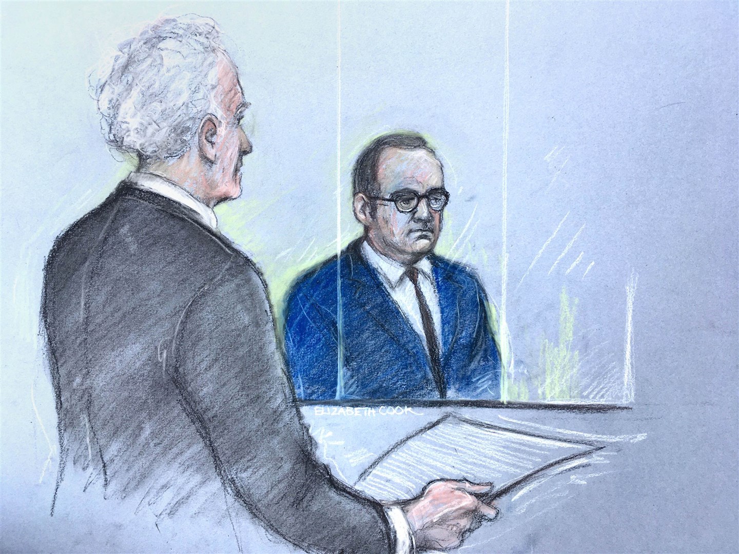 Court artist sketch of Kevin Spacey in the dock at Westminster Magistrates’ Court last month (Elizabeth Cook/PA)