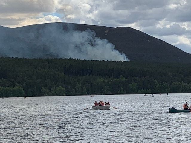 The alarm went up just after 3pm yesterday as the smoke billowed across the forest. (Photo courtesy of Keith Taylor at Loch Morlich Watersports).