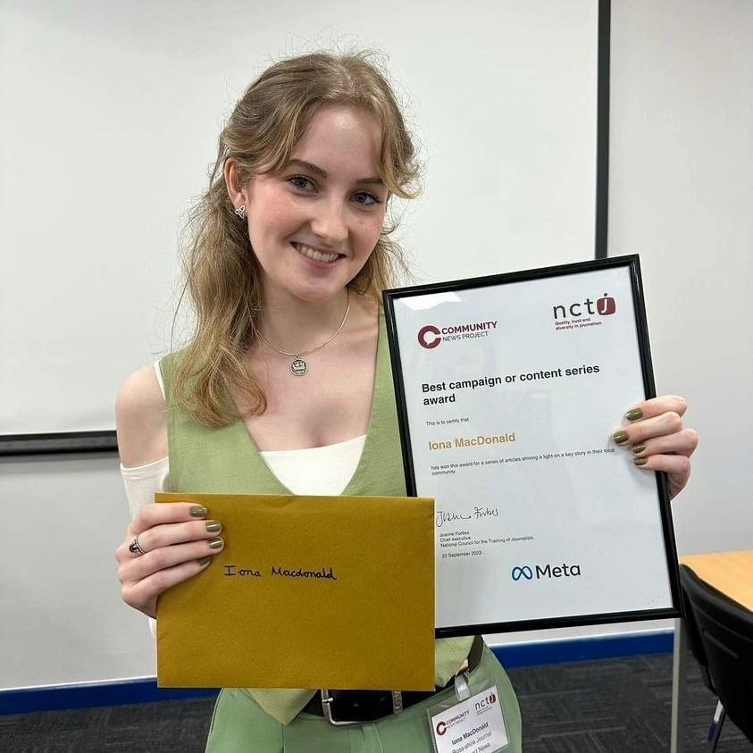 Iona MJ MacDonald, with her first journalistic award for Best Campaign from the NCTJ, September 2023.