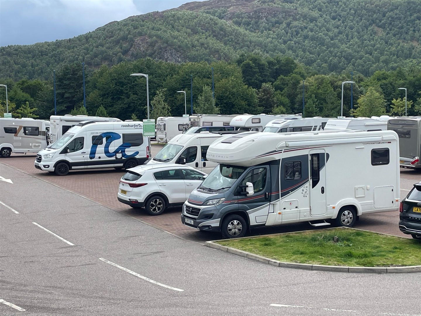 Motorhomes parked up at Aviemore's retail park.