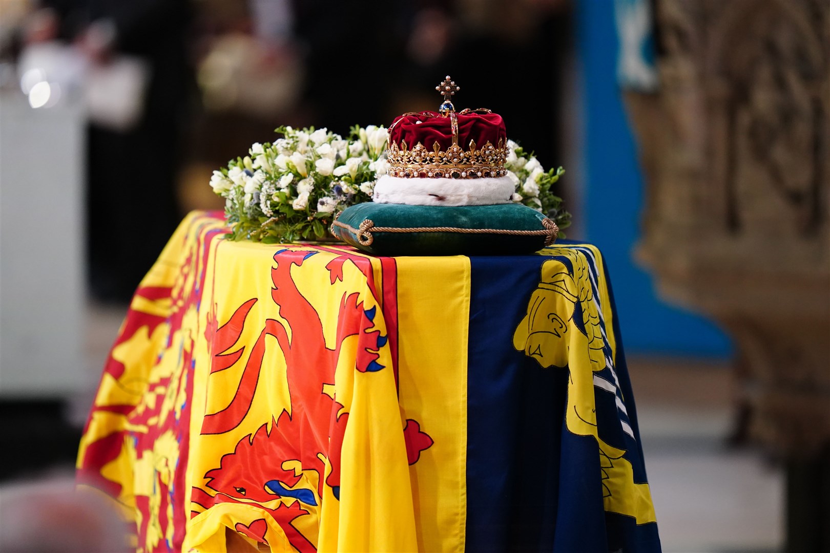 The Crown of Scotland sits atop the coffin of Queen Elizabeth II during a Service of Prayer and Reflection for her life at St Giles’ Cathedral, Edinburgh (Jane Barlow/PA)