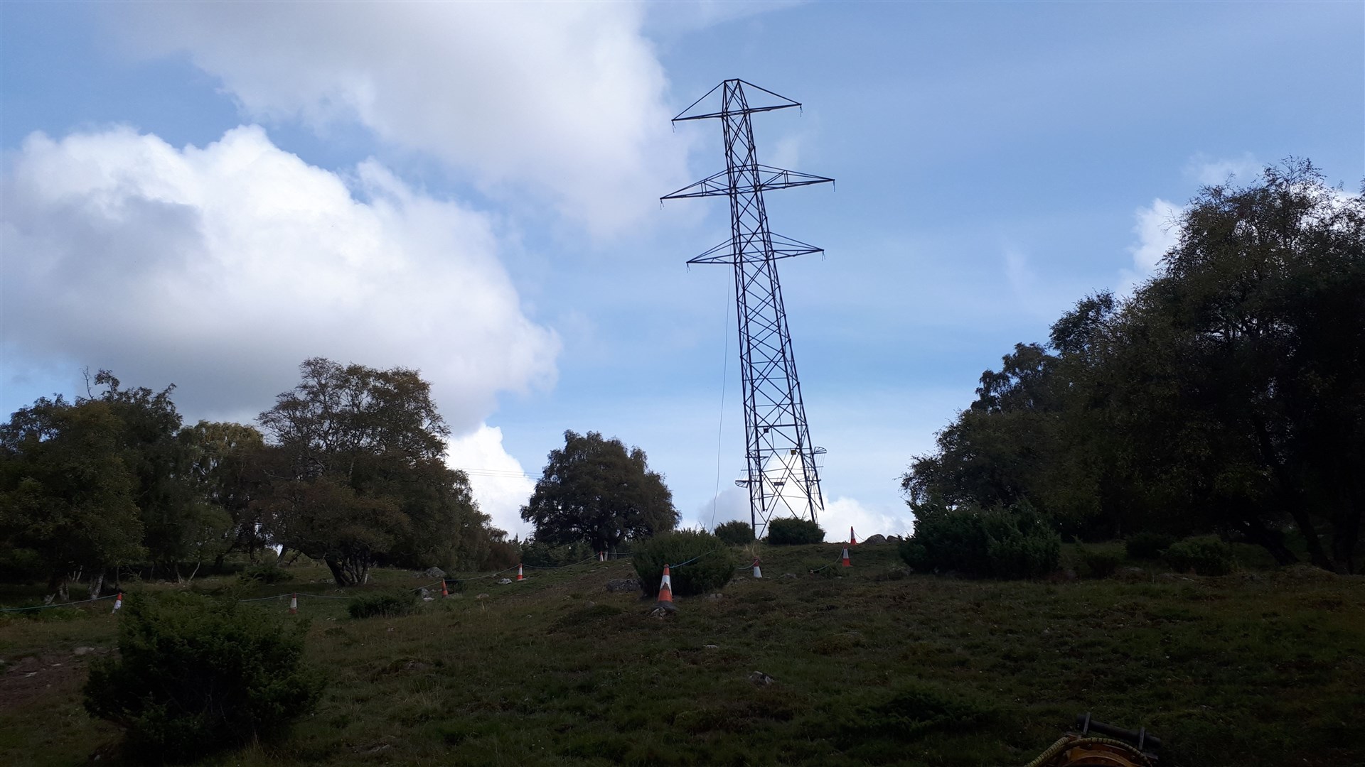 The first of the towers falls to the ground as part of the mitigation for the Beauly-Denny scheme.