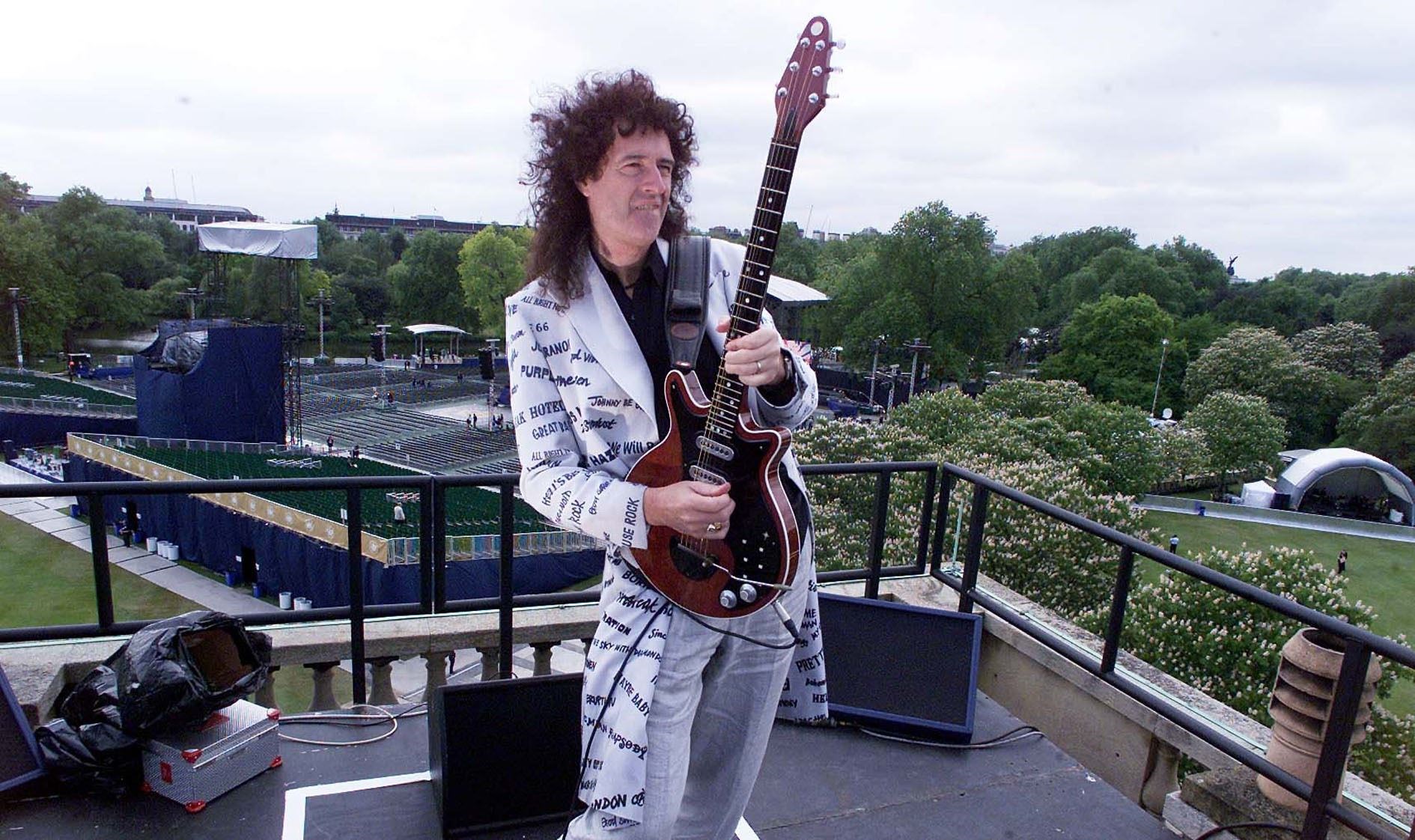 Brian May rehearses on the roof of Buckingham Palace before performing the National Anthem for the Queen’s Golden Jubilee concert (Sean Dempsey/PA)