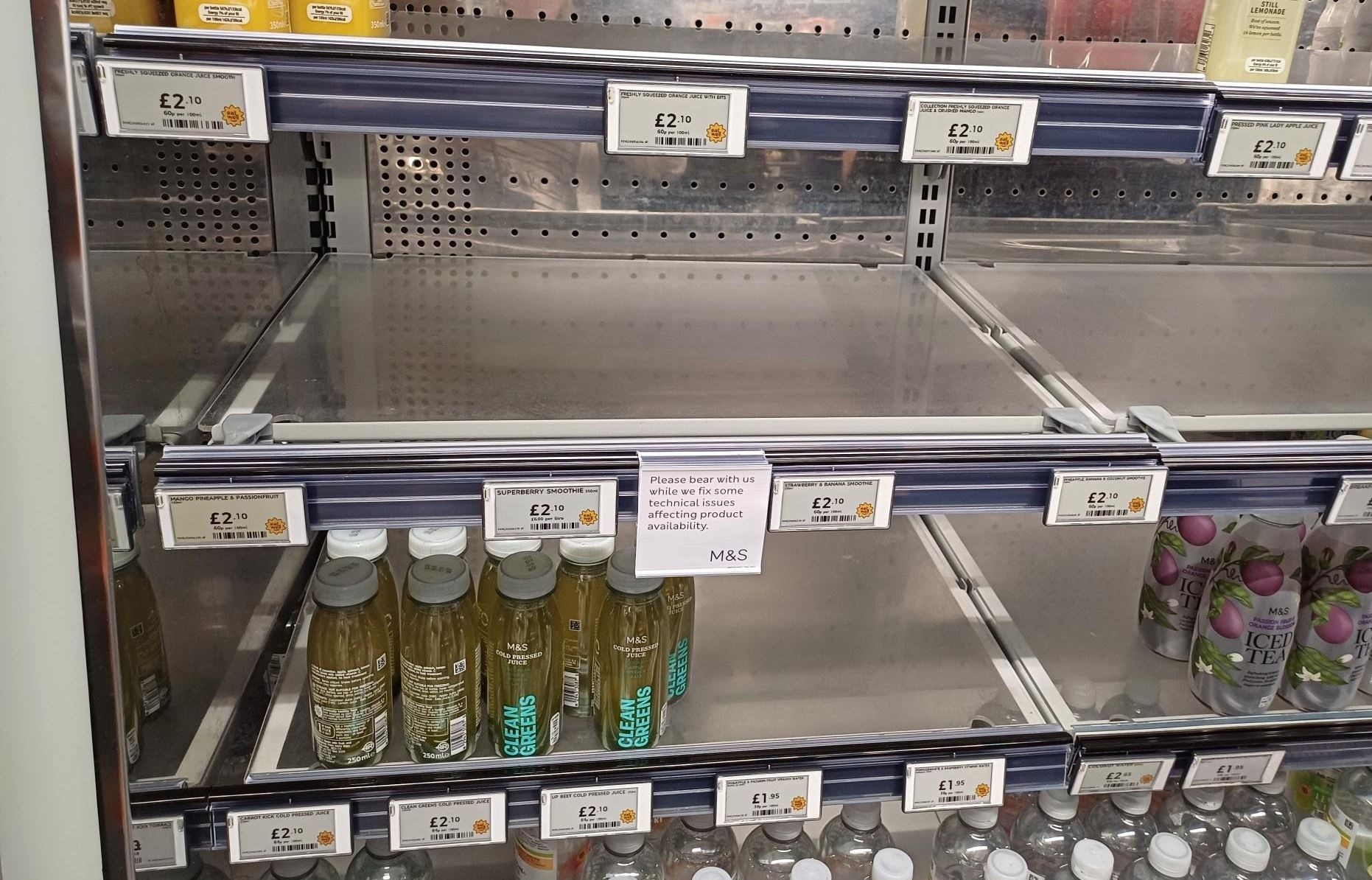 A view of empty shelves inside a Marks & Spencer shop last month (Holly Williams/PA)