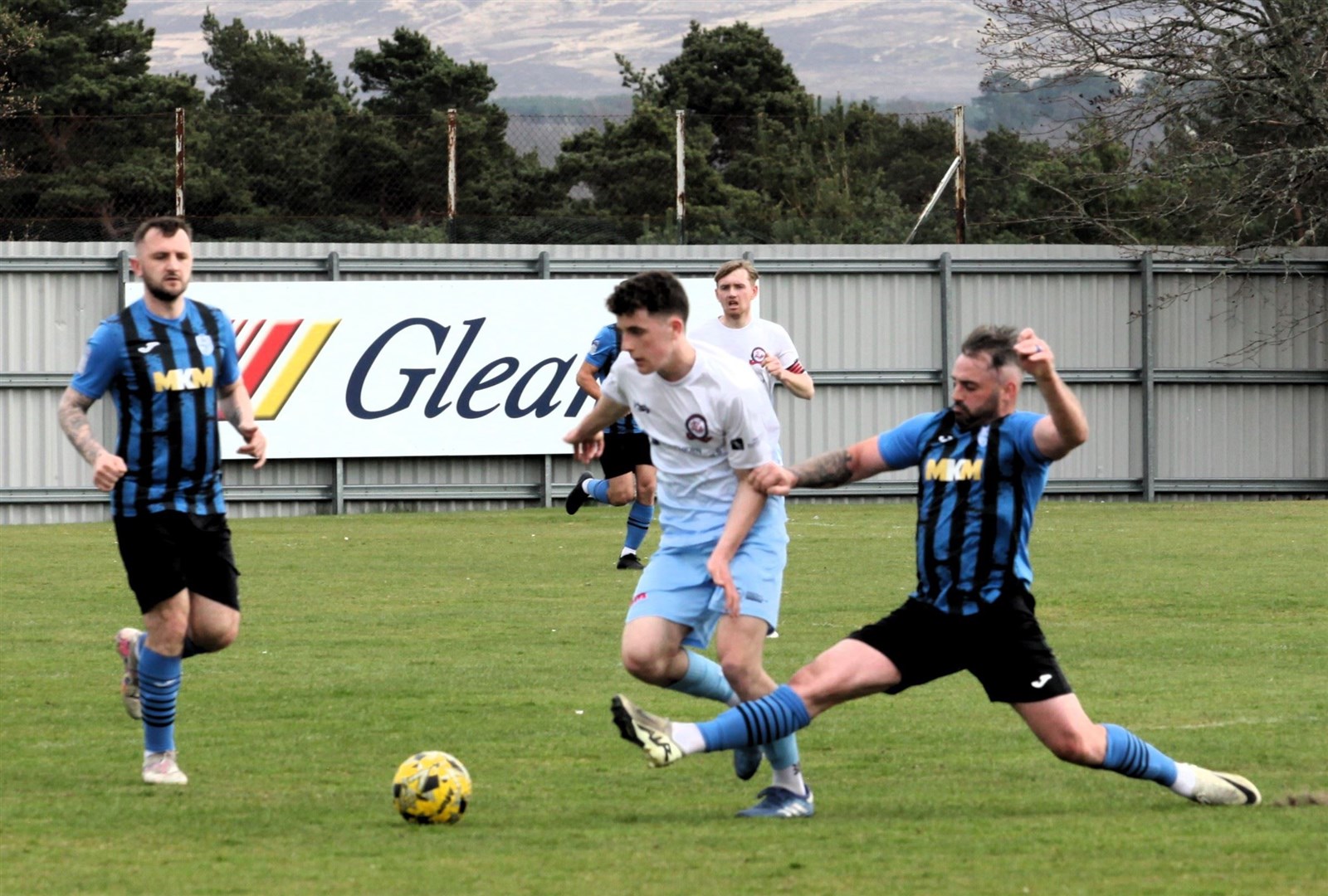 James Fraser tries to get a foot in for the Jags during Saturday's 4-1 loss at home to Turriff.