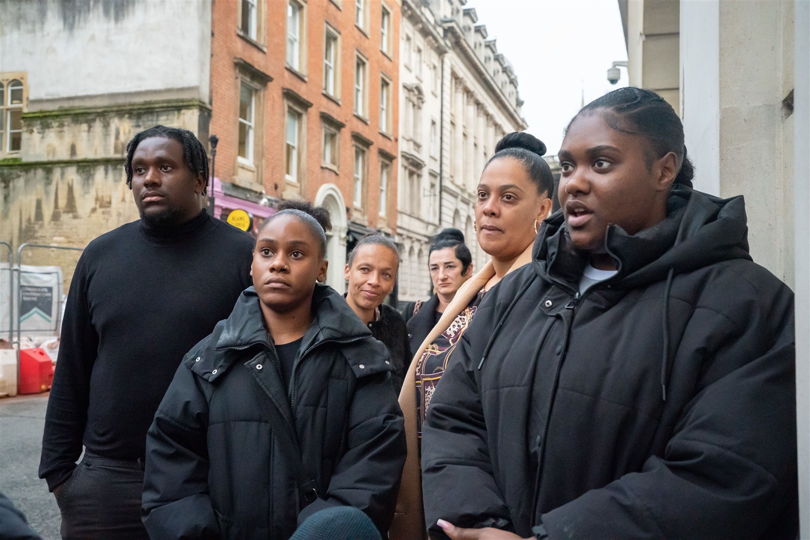 People involved with the Black Lives Matter (BLM) charity speak to the media outside Bristol Crown Court after Xahra Saleem was jailed (Ben Birchall/PA)
