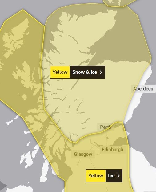 The areas covered by the new warnings for 'snow and ice' and 'ice'. Picture: Met Office.
