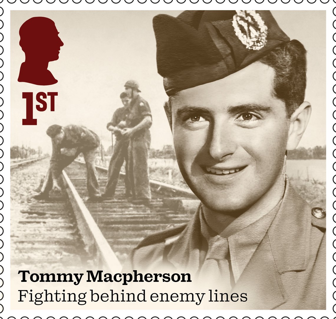 TOMMY MACPHERSON CBE, MC, TD, DL, CROIX DE GUERRE, LÉGION D'HONNEUR (1920–2014): Colonel Sir Ronald Thomas (‘Tommy’) Stewart Macpherson was a Commando known for his audacious actions. These included being dropped by submarine in North Africa, where he sabotaged enemy positions before being caught. Escaping to Britain, he was parachuted into central France in 1944 to join with the Resistance. At one point, 300,000 francs was offered for his capture. Newtonmore’s Clan Macpherson Museum celebrates the awesome contribution made by Sir Tommy, displaying his medals, uniforms, story and now his postage stamp. .