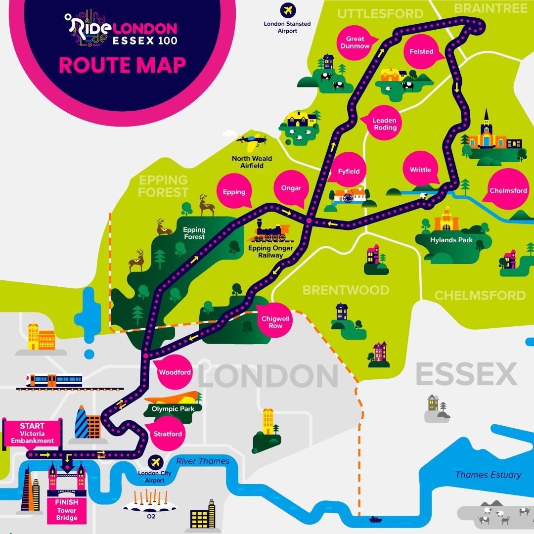 Map of the RideLondon-Essex 100 route which passes some of Essex’s rural villages (RideLondon/PA)
