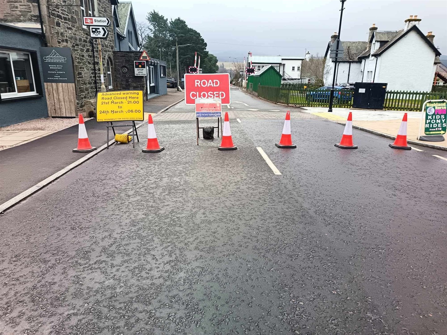 NO CROSSING: Ruthven Road is closed off in Kingussie as repairs are carried out to the rail crossing. (David Macleod)