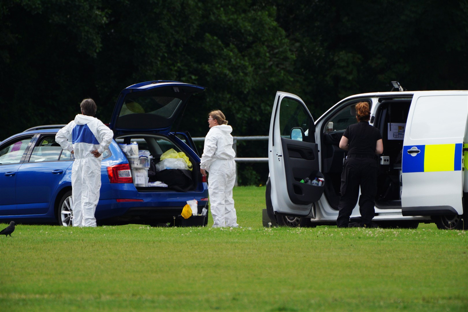 Police forensic officers at the scene in the Sarn area of Bridgend, South Wales, near to where Logan was found dead (Ben Birchall/PA)
