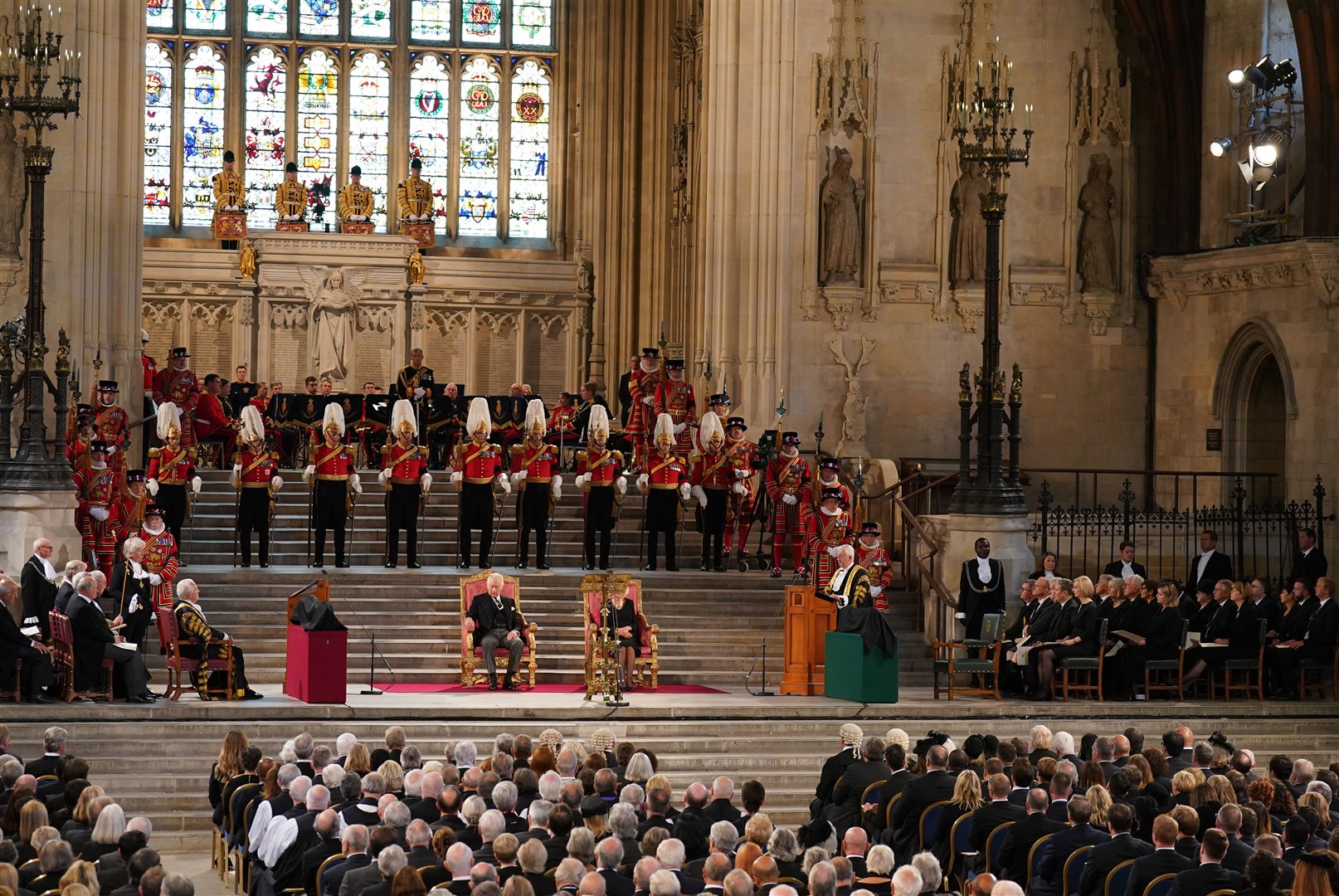 King Charles III and the Queen Consort in Westminster Hall (Joe Giddens/PA)