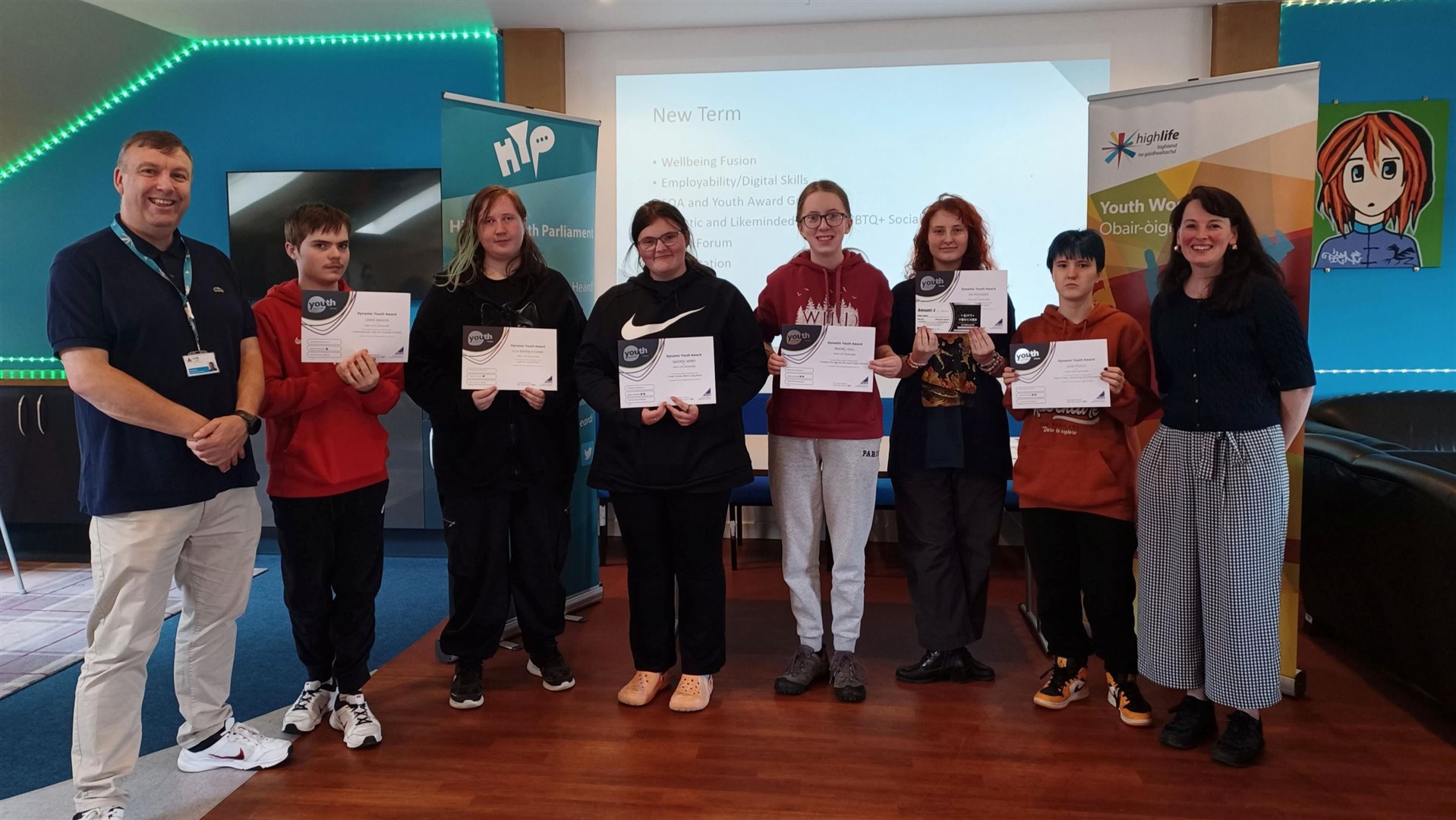 At the Dynamic Youth Awards are Paul Jarvis, Lewis Mason, Ella Brimblecombe, Saoirse Derry, Rachel Hull, Zia Pounder, Jude Poole and Hannah Mitchell.