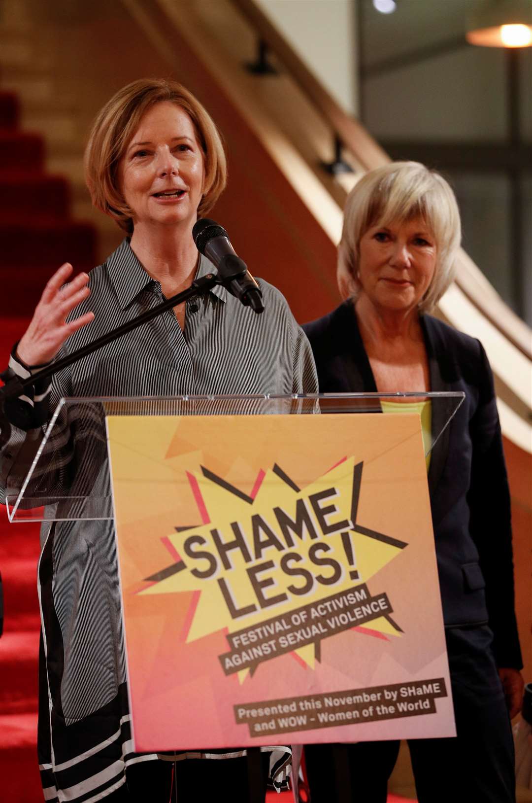 Julia Gillard (left) speaks as Jude Kelly looks on (Peter Nichols/PA)