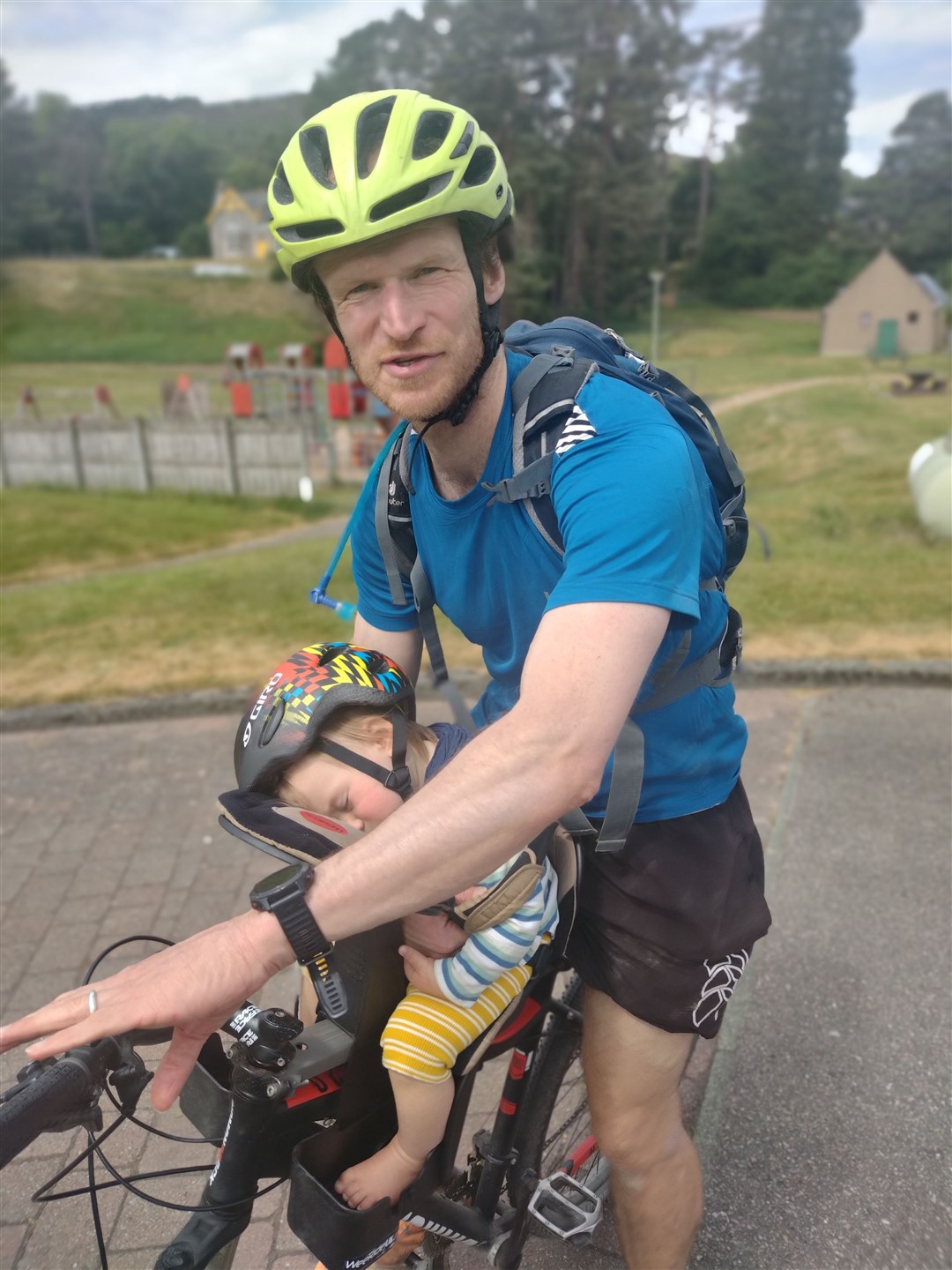 Tyred out...Bikeathon hero Vincent Munro (1) from Newtonmore, who was helped along four miles of the course by his dad, Fraser.