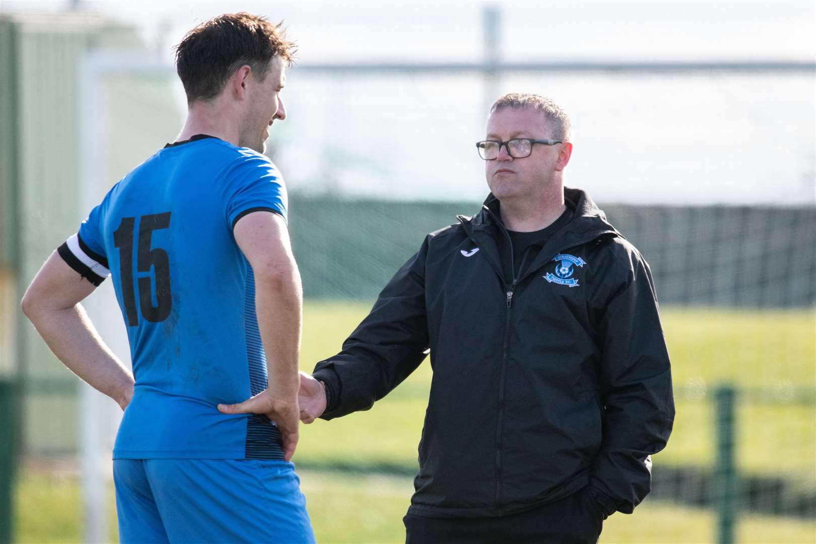 Strathspey captain James McShane and gaffer Charlie Brown post-match...Buckie Thistle FC (5) vs Strathspey Thistle FC (0) - Highland Football League - Victoria Park, Buckie 02/04/2022...Picture: Daniel Forsyth..